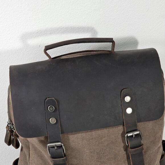 DaVan Leather Flap Canvas Laptop School Work Travel Bag Backpack - Picture 3 of 12